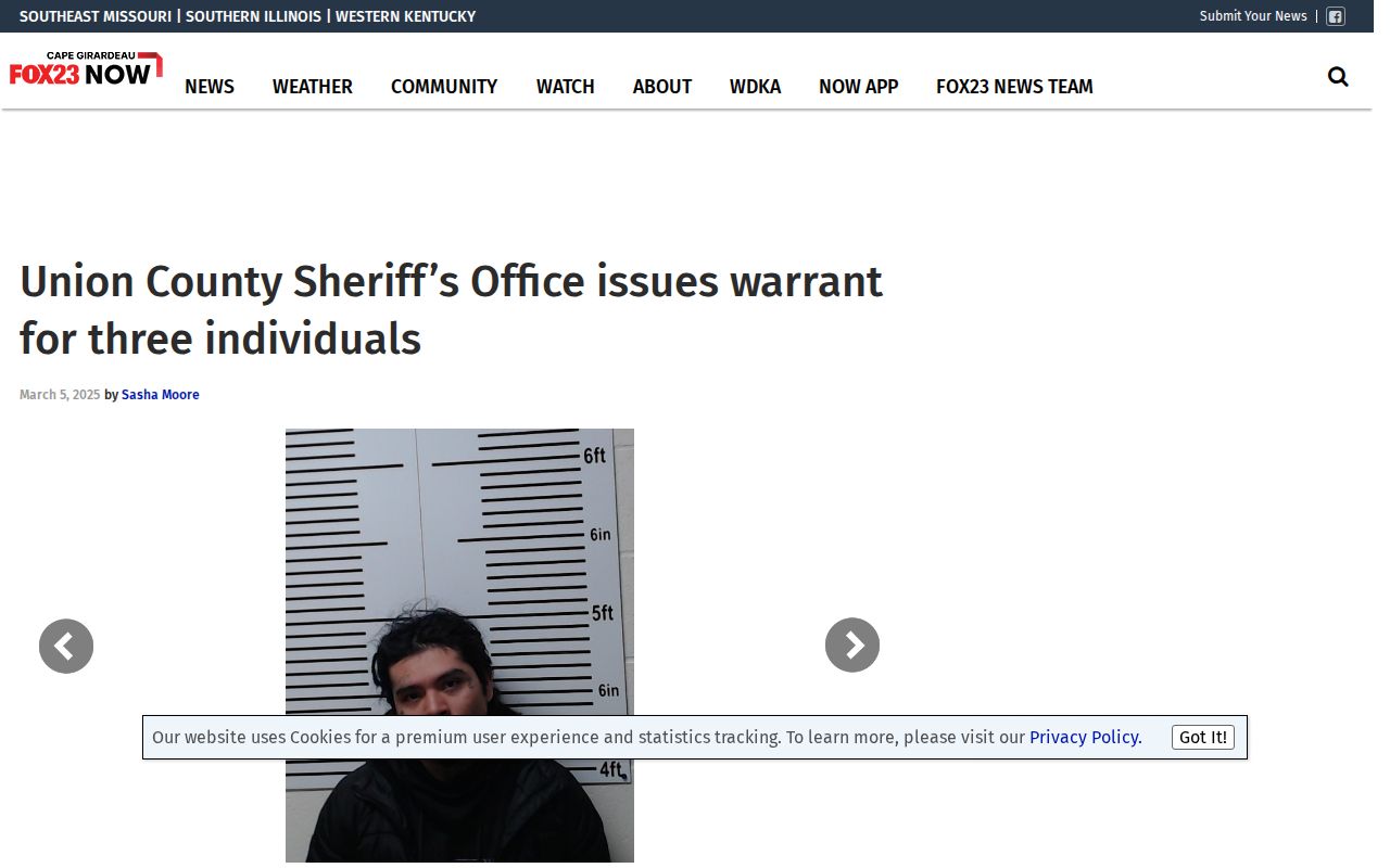 Dated KBSI report of a Union County sheriff warrant notice
