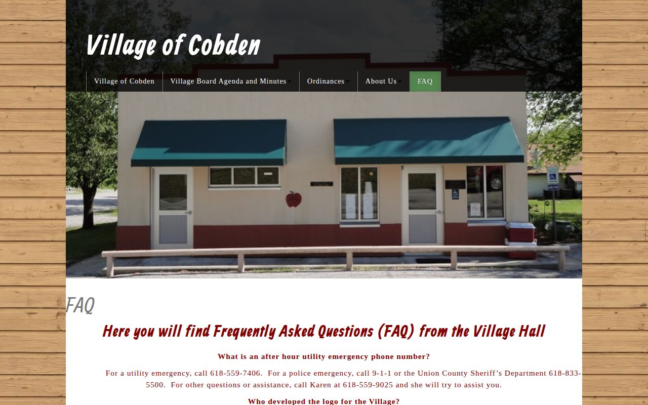 Cobden FAQ explaining sheriff dispatch of the officer on duty