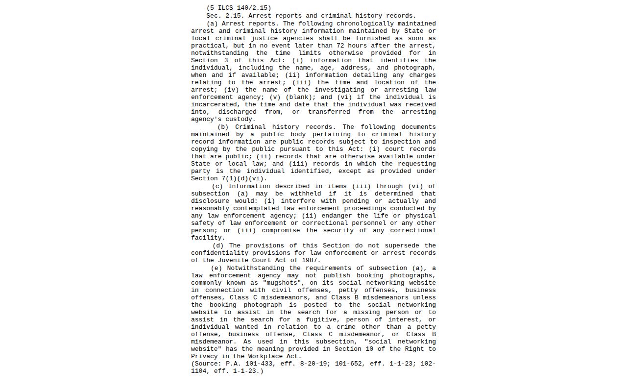 Illinois statute governing arrest information and available booking photographs
