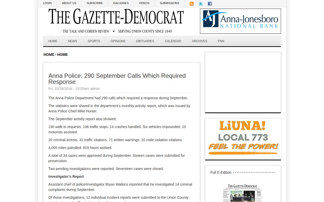 Gazette-Democrat Anna Police monthly activity report